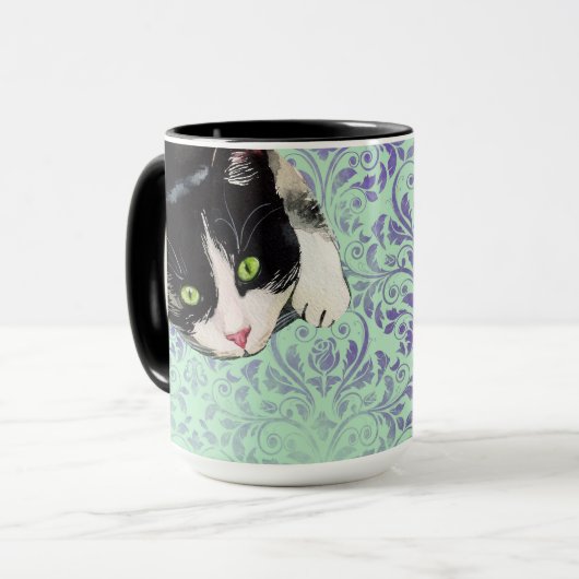 Tuxedo Cat & Black Cat op Damask Print Mok (Voorkant links)