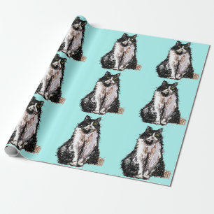 Tuxedo Cat Black en White Cats Aqua turquoise Cadeaupapier
