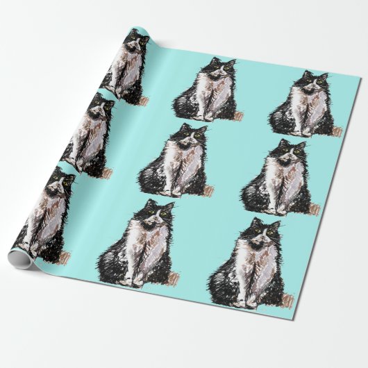 Tuxedo Cat Black en White Cats Aqua turquoise Cadeaupapier (Uitgerold)