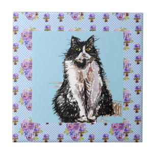 Tuxedo Cat Black en White Cats Happy Tile Tegeltje