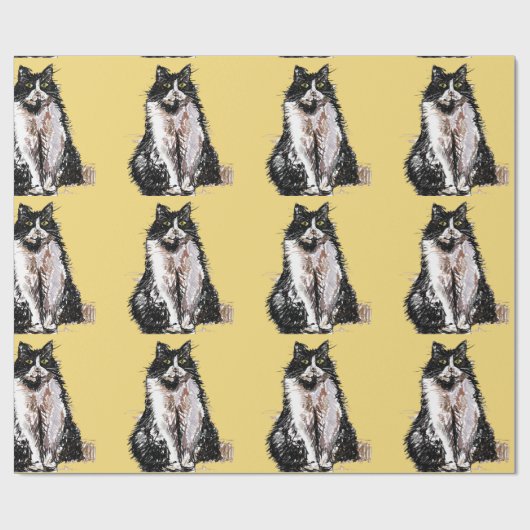 Tuxedo Cat Black en White Cats Yellow Lovers Cadeaupapier (Vlak)