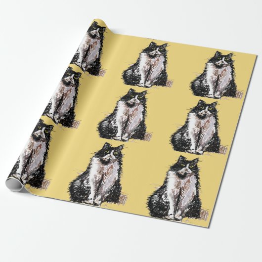 Tuxedo Cat Black en White Cats Yellow Lovers Cadeaupapier (Uitgerold)