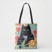 Tuxedo Cat & Black Kittens in Waterverf Poppies Tote Bag (Voorkant)