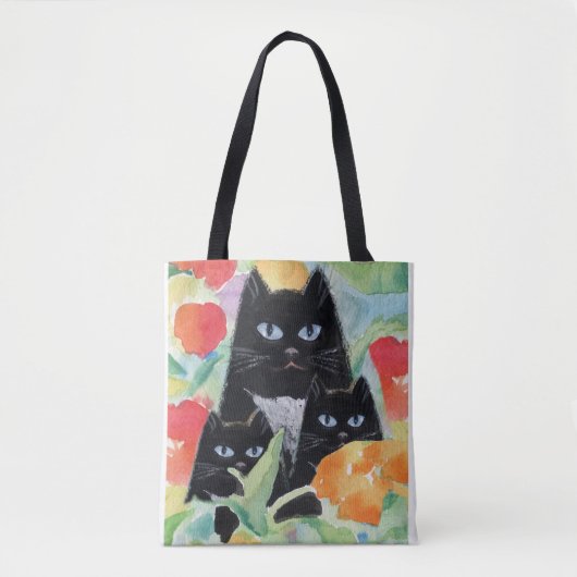 Tuxedo Cat & Black Kittens in Waterverf Poppies Tote Bag (Voorkant)