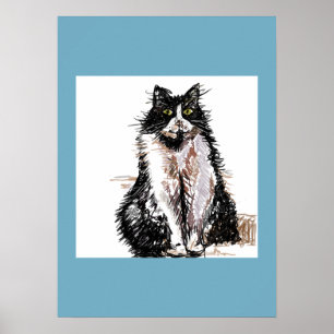 Tuxedo Cat Black White Cats Blue Poster