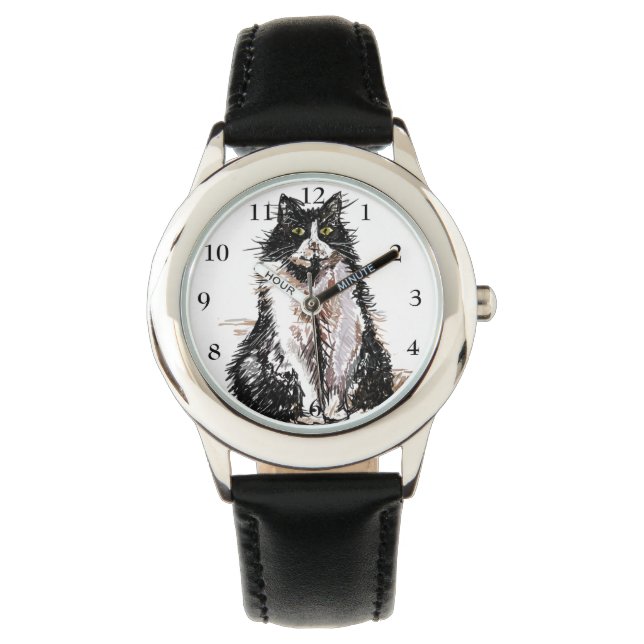 Tuxedo Cat Black White Cats Cute Pet Girls Watch Horloge (Voorkant)