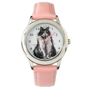 Tuxedo Cat Black White Cats Cute Pet Pink Girls Horloge