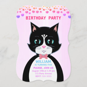 Tuxedo Cat Boy Birthday Party Invitation Kaart