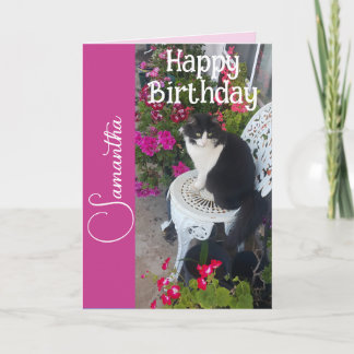 Tuxedo Cat Cats and Flowers Girls Name Birthday Kaart