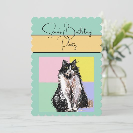 Tuxedo Cat Cats Jongens Verjaardagsfeestje Uitnodi Kaart (Staand voorkant)