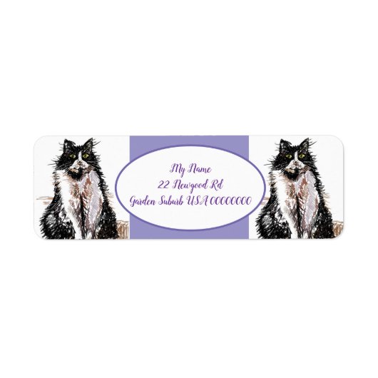 Tuxedo Cat Cats Paarse retour adreslabels Etiket (Voorkant)