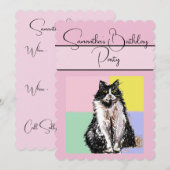 Tuxedo Cat Cats Roze verjaardagsfeestje Uitnodigin Kaart (Voorkant / Achterkant)