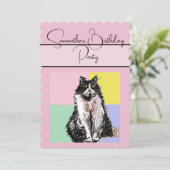 Tuxedo Cat Cats Roze verjaardagsfeestje Uitnodigin Kaart (Staand voorkant)