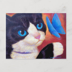 Tuxedo Cat Chasing Butterfly Paining Briefkaart