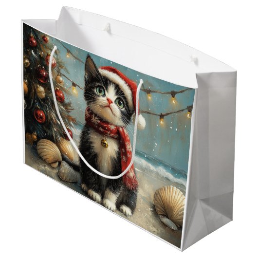 Tuxedo Cat Christmas Beach Groot Cadeauzakje (Achterkant Gekanteld)