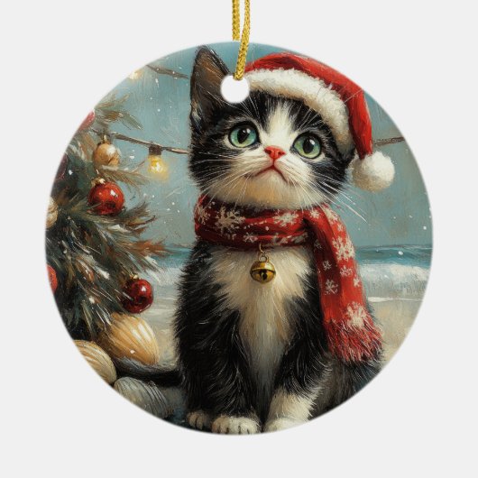 Tuxedo Cat Christmas  Beach Keramisch Ornament (Voorkant)