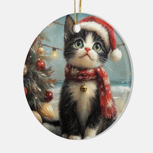 Tuxedo Cat Christmas  Beach Keramisch Ornament (Links)