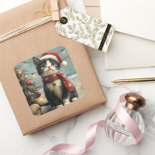 Tuxedo Cat Christmas Beach Vierkante Sticker (Geschenken)