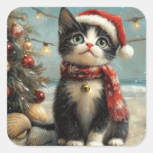 Tuxedo Cat Christmas Beach Vierkante Sticker (Voorkant)