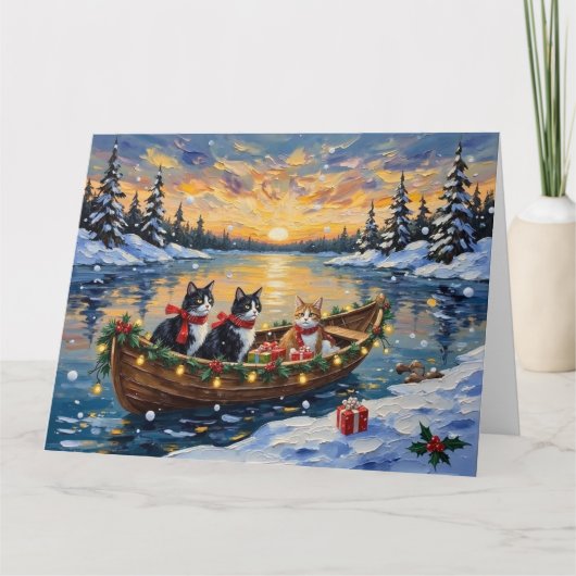 Tuxedo Cat Christmas Boat Holiday Kaart (Voorkant)