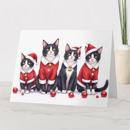 Tuxedo Cat Christmas Dress Santa Hat Kaart (Voorkant)