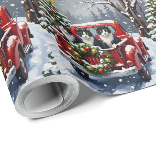 Tuxedo Cat Christmas Red Truck Holiday Cadeaupapier (Rol Hoek)