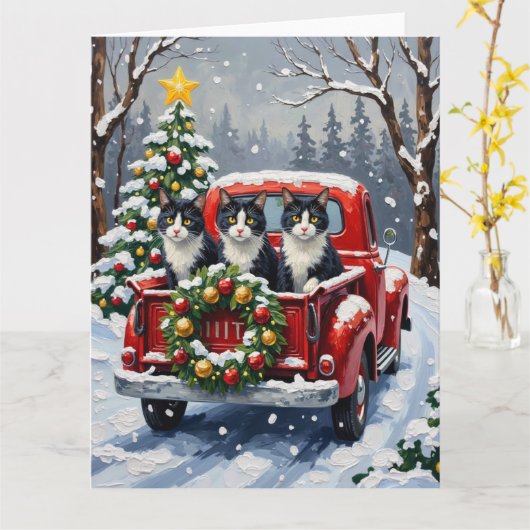 Tuxedo Cat Christmas Red Truck Holiday Kaart (Gele Bloem)