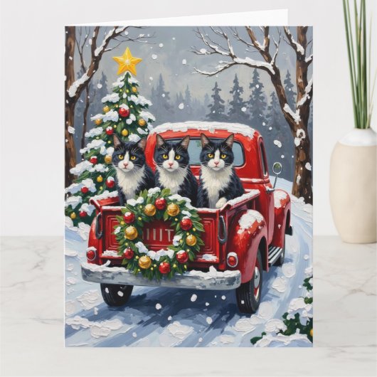 Tuxedo Cat Christmas Red Truck Holiday Kaart (Voorkant)