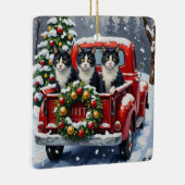Tuxedo Cat Christmas Red Truck Holiday Keramisch Ornament (Rechts)