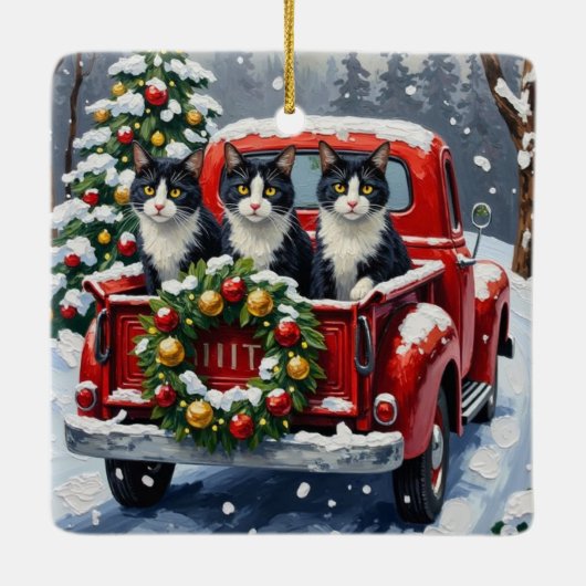 Tuxedo Cat Christmas Red Truck Holiday Keramisch Ornament (Achterkant)