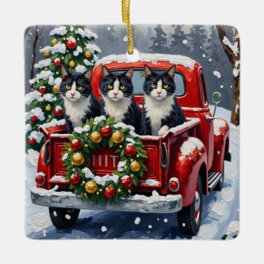 Tuxedo Cat Christmas Red Truck Holiday Keramisch Ornament (Voorkant)