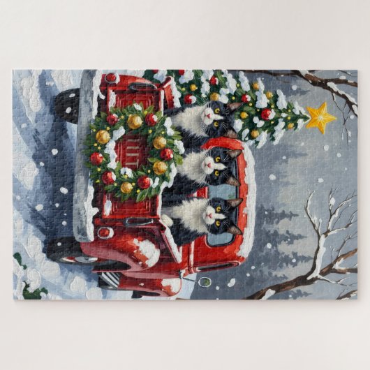 Tuxedo Cat Christmas Red Truck Holiday Legpuzzel (Horizontaal)