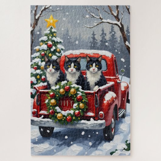 Tuxedo Cat Christmas Red Truck Holiday Legpuzzel (Verticaal)