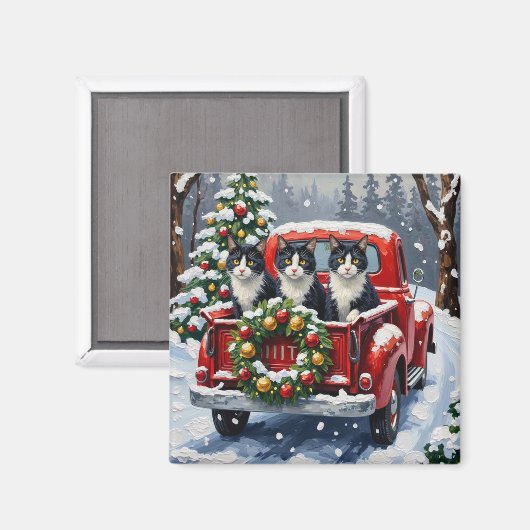 Tuxedo Cat Christmas Red Truck Holiday Magneet (Voorkant / Achterkant)