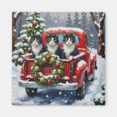 Tuxedo Cat Christmas Red Truck Holiday Magneet (Voorkant)