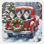 Tuxedo Cat Christmas Red Truck Holiday Vierkante Sticker (Voorkant)