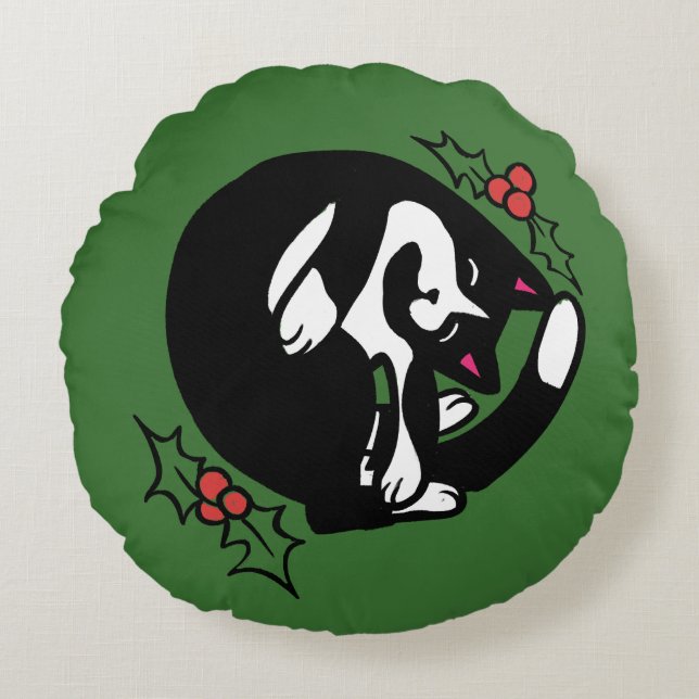 Tuxedo Cat Christmas Rond Kussen (Voorkant)