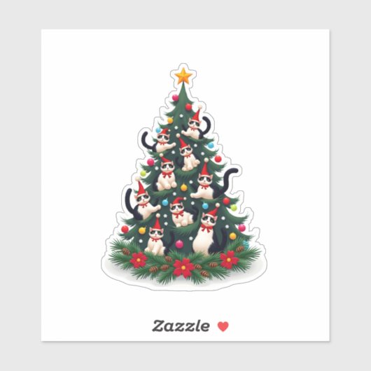 Tuxedo Cat Christmas Tree Tuxedo Cat Lights Xmas M Sticker (Vel)