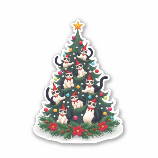 Tuxedo Cat Christmas Tree Tuxedo Cat Lights Xmas M Sticker (Voorkant)
