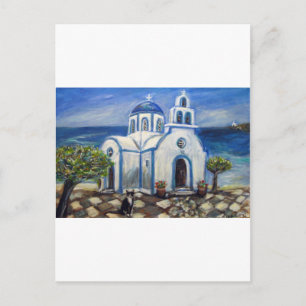 Tuxedo Cat Church op Grieks eiland Briefkaart