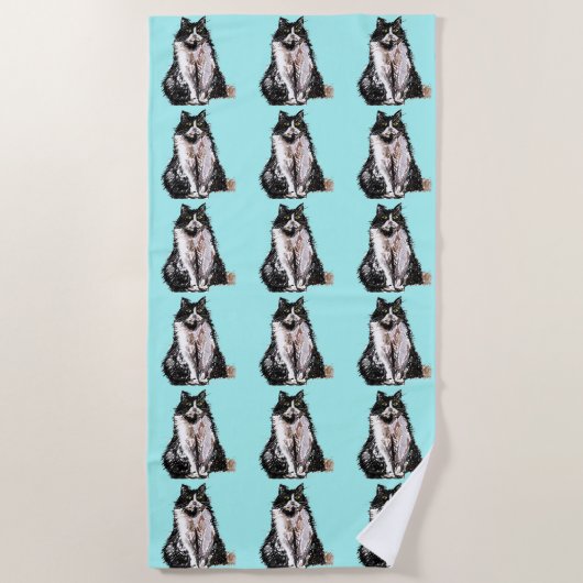 Tuxedo Cat Cute  Aqua Cats Waterverf Bea Strandlaken (Voorkant)