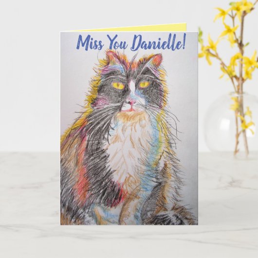 Tuxedo Cat Cute Cats die Miss You Art Card tekenen Kaart (Gele Bloem)