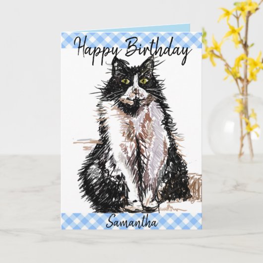 Tuxedo Cat Cute Drawing Black and White Cats Card Kaart (Gele Bloem)