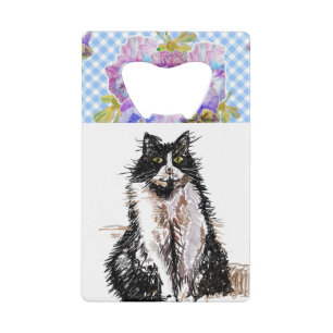 Tuxedo Cat Cute Drawing Black and White Cats Creditkaart Flessenopener