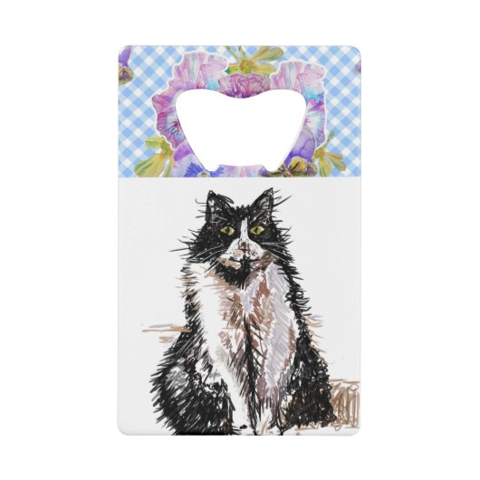 Tuxedo Cat Cute Drawing Black and White Cats Creditkaart Flessenopener (Voorkant)