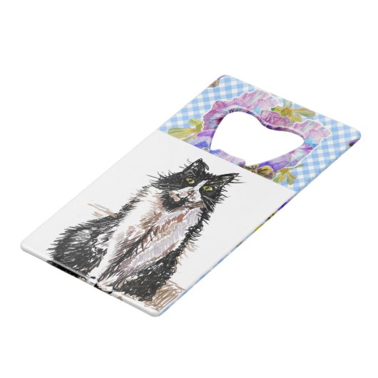 Tuxedo Cat Cute Drawing Black and White Cats Creditkaart Flessenopener (Voorkant Gekanteld)