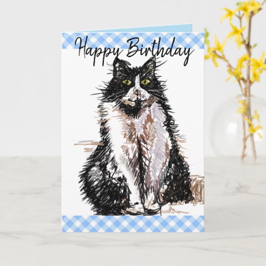 Tuxedo Cat Cute Drawing Black and White Cats Kaart (Gele Bloem)