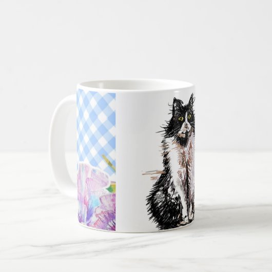 Tuxedo Cat Cute Drawing Black White Cats Coffee Koffiemok (Voorkant links)