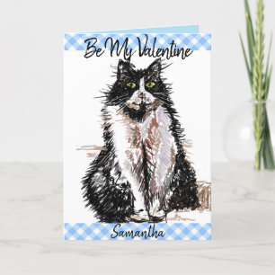 Tuxedo Cat Cute Drawing Black White Valentijnsdag Kaart