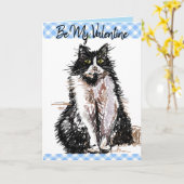 Tuxedo Cat Cute Drawing Black White Valentijnsdag Kaart (Gele Bloem)